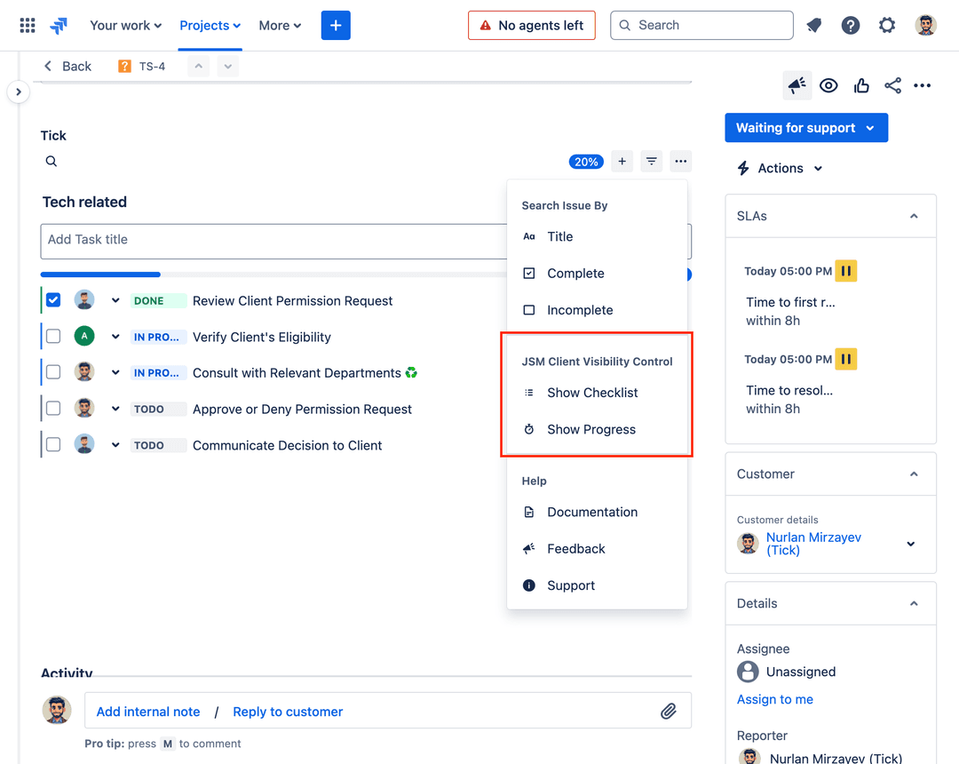 JSM visibility control items in top menu