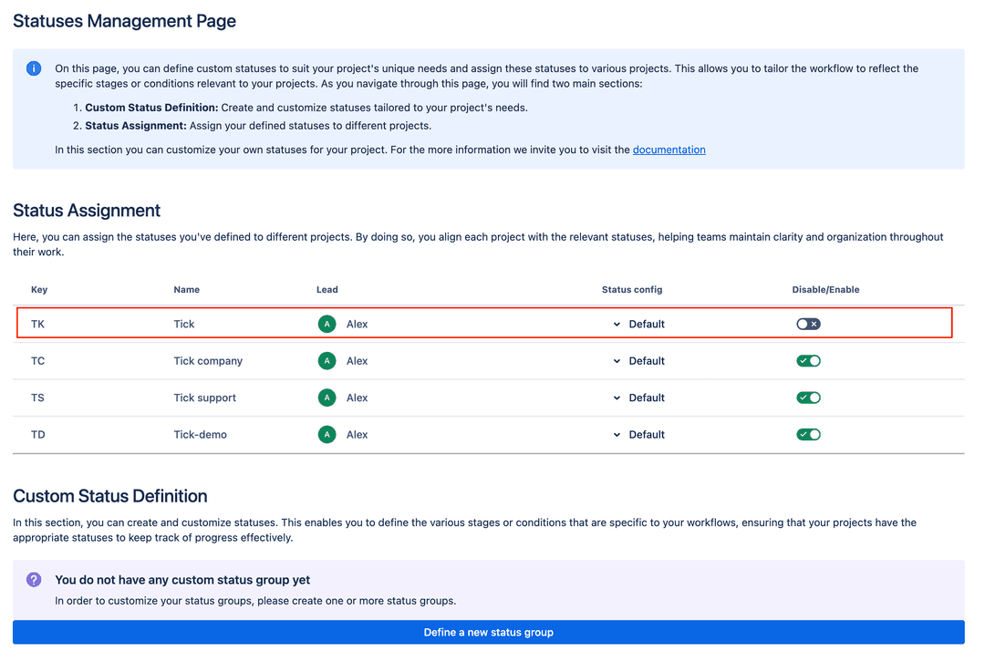 Disable custom statuses for a specific project