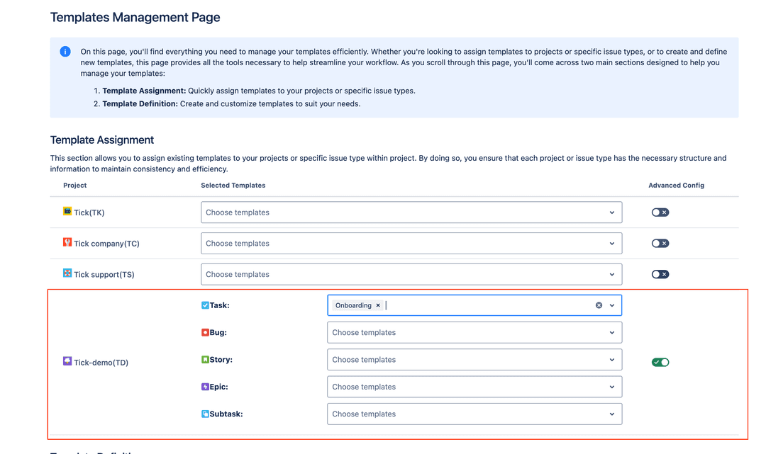 Template assignment advanced dropdown