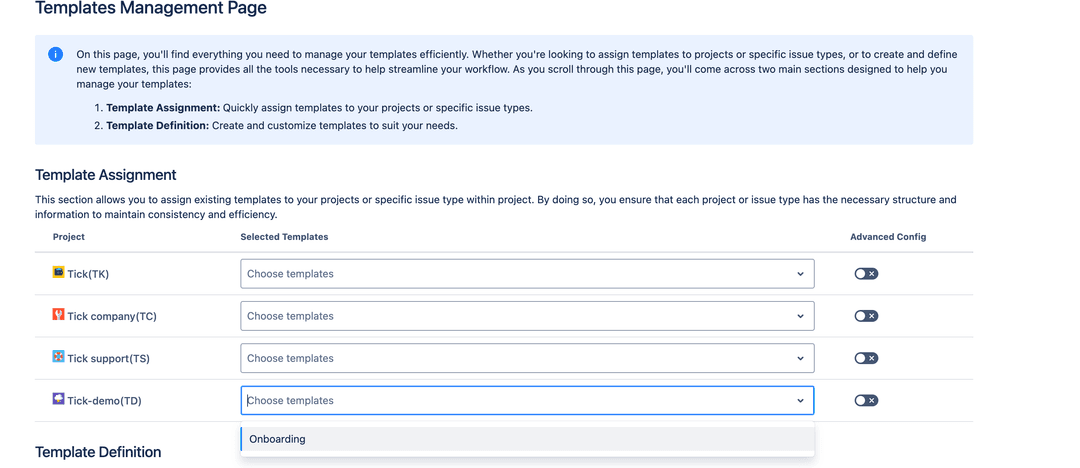 Template assignment dropdown