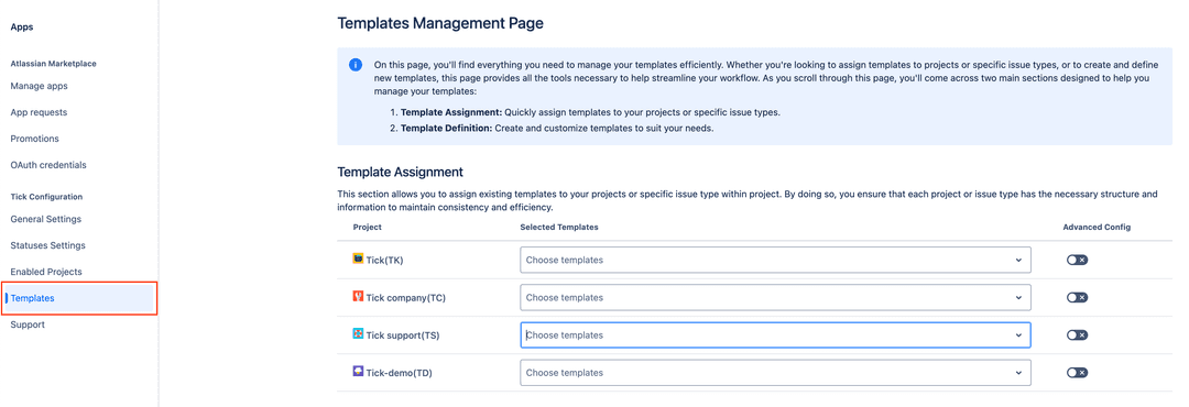 Navigation to Tick`s admin template menu