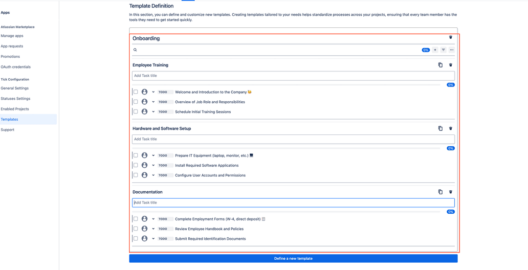 Customised onboarding template as an example