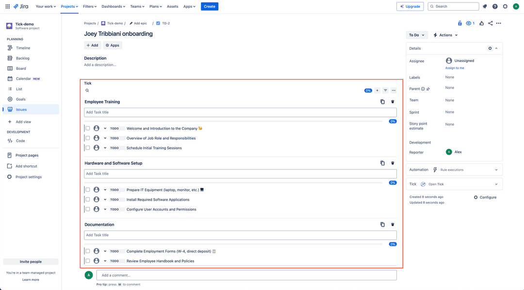 Applied template to a newly created issue